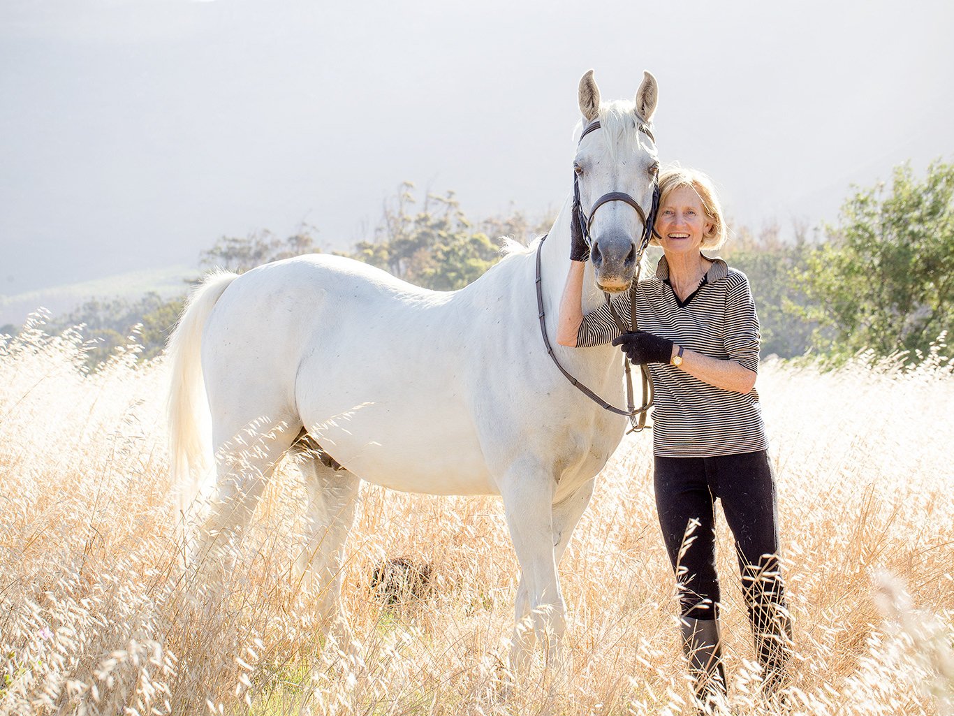 Owner with white horse in tall grass at sunset, equestrian portrait